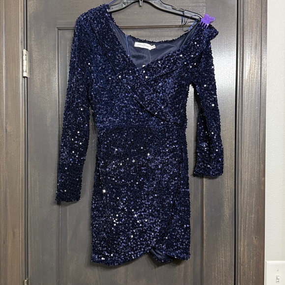 All in Favor Dresses & Skirts - All in Favor Navy off the shoulder sequins dress M‎ NWT